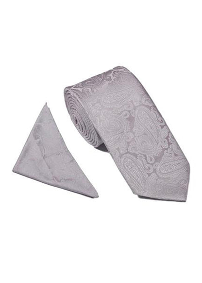 Paisley Tie & Pocket Square Set Silver