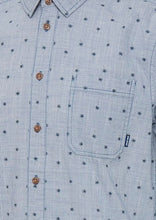 Load image into Gallery viewer, Palm shirt pastel blue close up on palm pattern.
