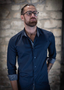 SUAVE OWL Navy Shirt with Floral Contrast Collar and Cuffs