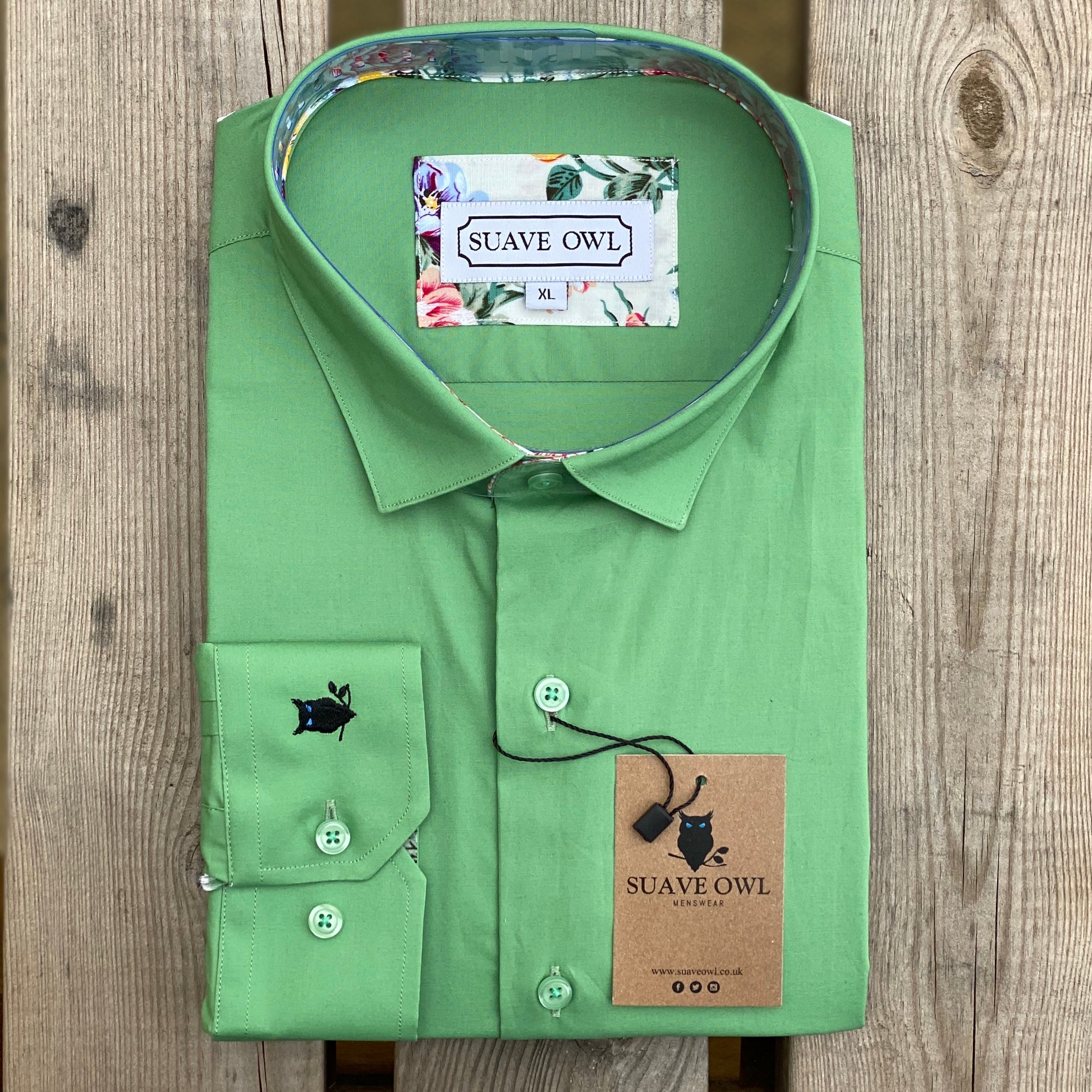 Suave Owl Plain Green Shirt with Floral Contrast Detail.