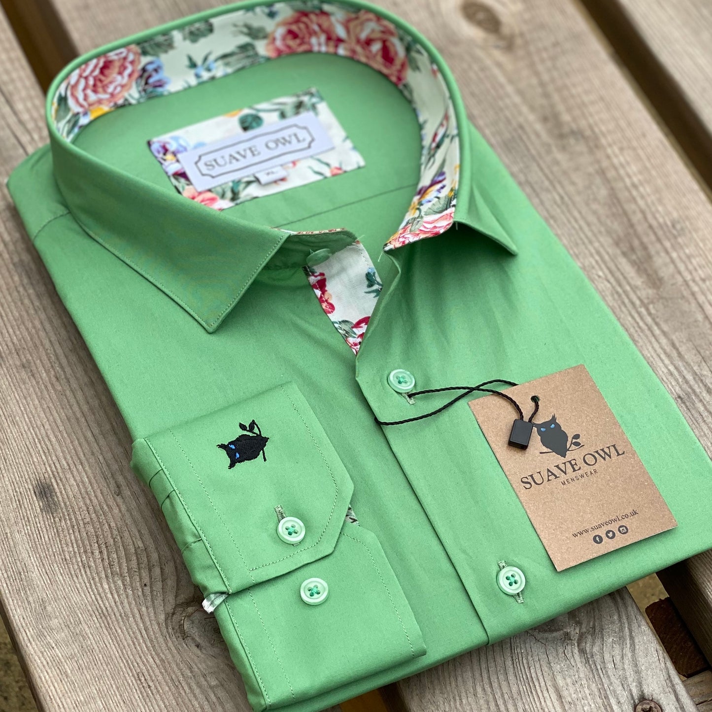 Suave Owl Plain Green Shirt with Floral Contrast Detail.