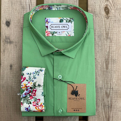 Suave Owl Plain Green Shirt with Floral Contrast Detail.