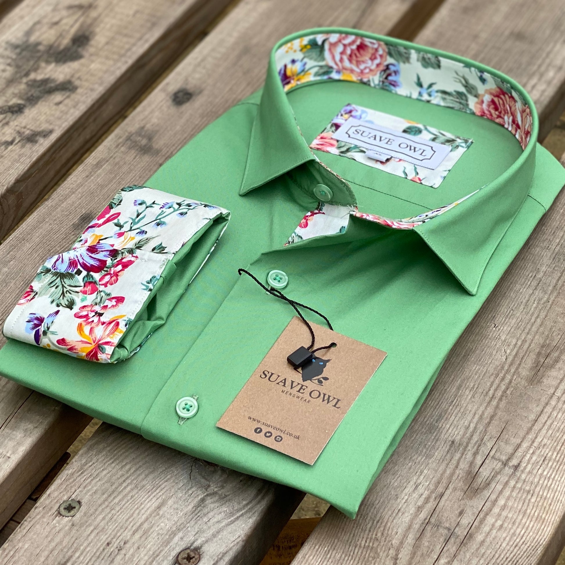 Suave Owl Plain Green Shirt with Floral Contrast Detail.