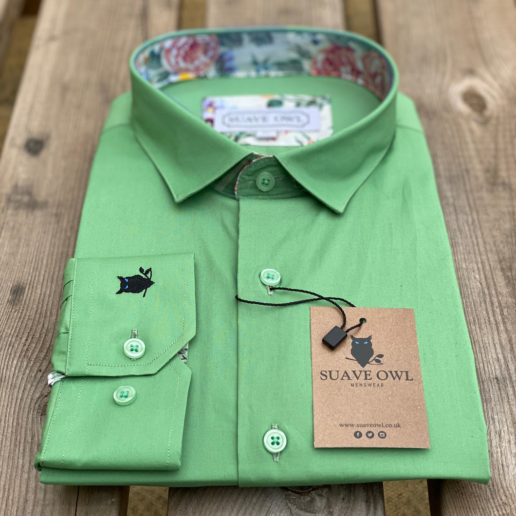 Suave Owl Plain Green Shirt with Floral Contrast Detail.