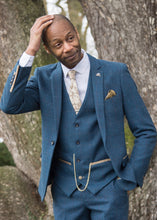 Load image into Gallery viewer, BAME model wearing Marc Darcy Dion Tweed Jacket styled with matching waistcoat and trousers. Model also wearing tie to compliment the finer details of the suit and a crisp white shirt. 
