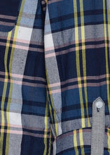 Load image into Gallery viewer, Lumberjack shirt vivid with blue base tones, pale pink &amp; vivid yellow checked detail. Close up of sleeve.
