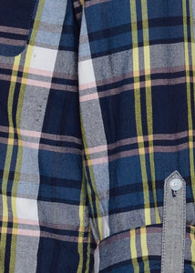 Lumberjack shirt vivid with blue base tones, pale pink & vivid yellow checked detail. Close up of sleeve.