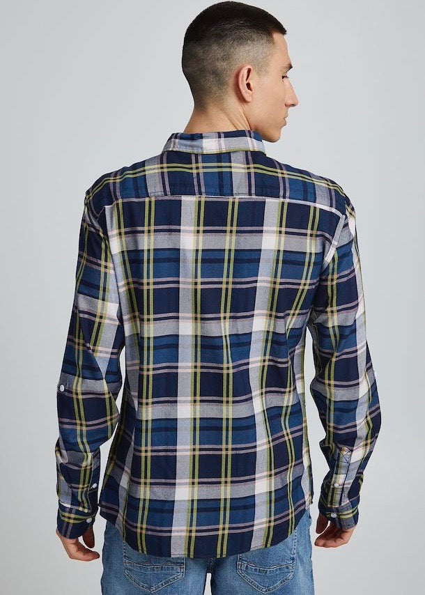 Lumberjack shirt vivid with blue base tones, pale pink & vivid yellow checked detail. Back of shirt on model. 