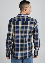 Load image into Gallery viewer, Lumberjack shirt vivid with blue base tones, pale pink &amp; vivid yellow checked detail. Back of shirt on model. 
