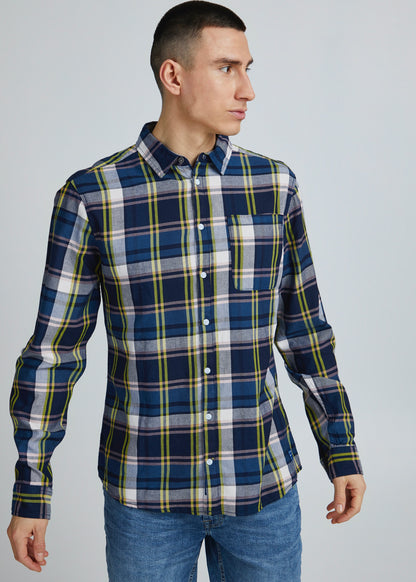 Lumberjack shirt vivid with blue base tones, pale pink & vivid yellow checked detail. Full shirt on model.