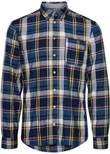 Load image into Gallery viewer, Lumberjack shirt vivid with blue base tones, pale pink &amp; vivid yellow checked detail.

