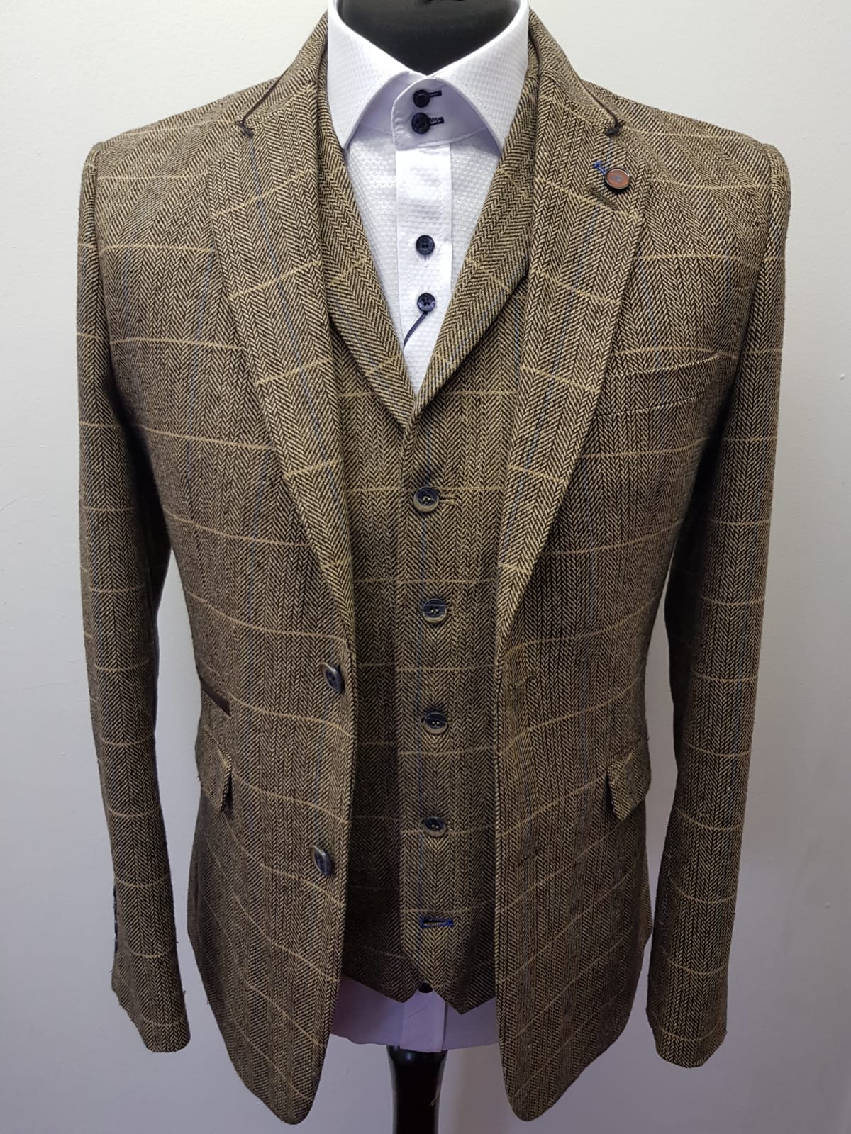 Cavani Albert Brown Tweed Jacket and waistcoat with a white shirt for a formal occasion inspired by Peaky Blinders