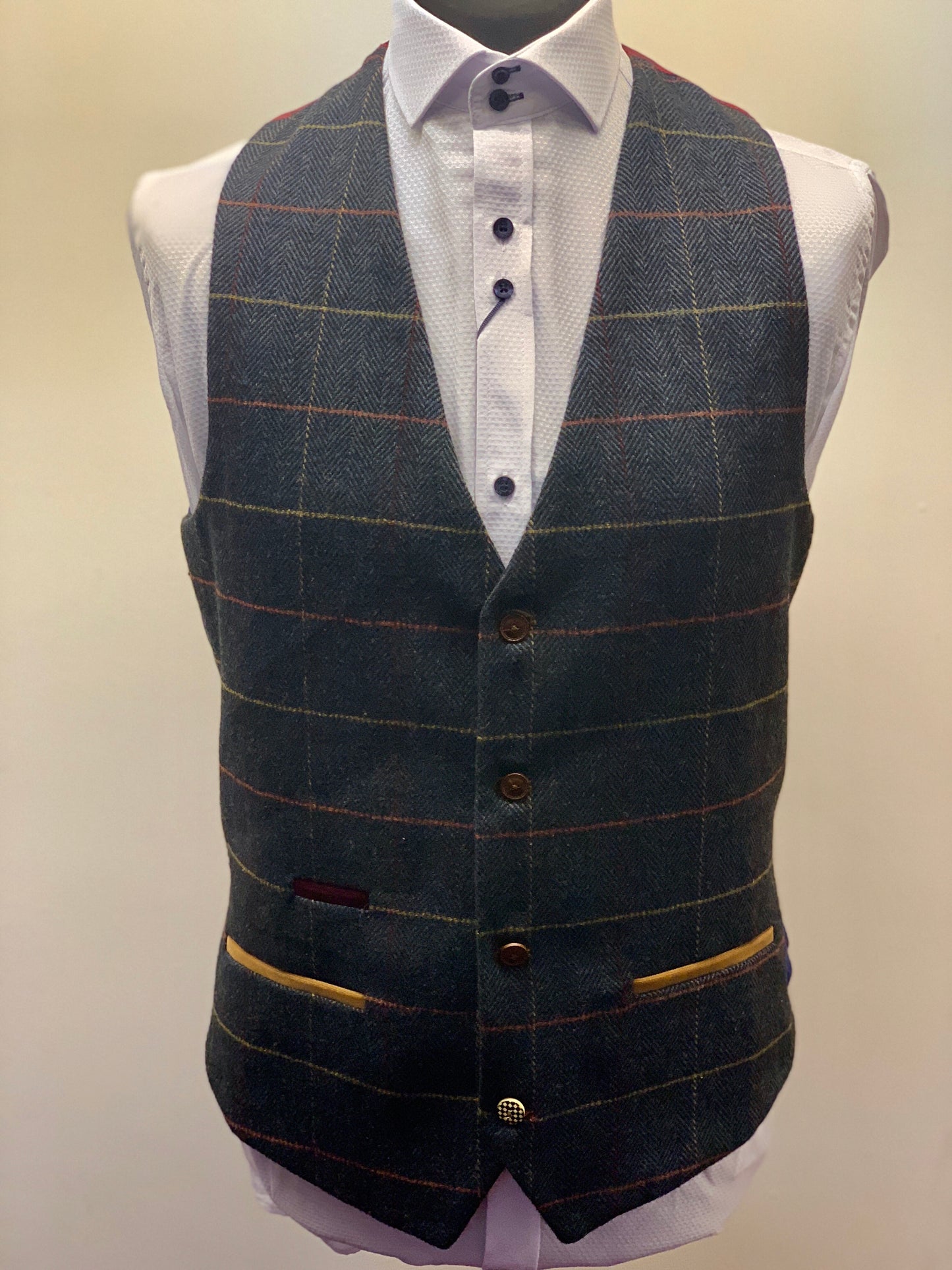 Marc Darcy Eton Tweed Check Waistcoat worn with white shirt buttoned up