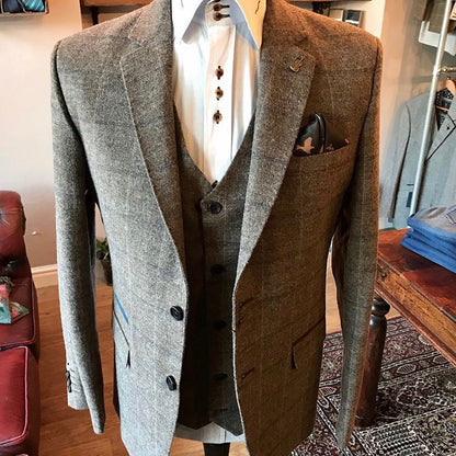 Tan Regular Fit suit Jacket with blue check worn here with matching waistcoat and white shirt