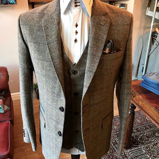 Tan Regular Fit suit Jacket with blue check worn here with matching waistcoat and white shirt