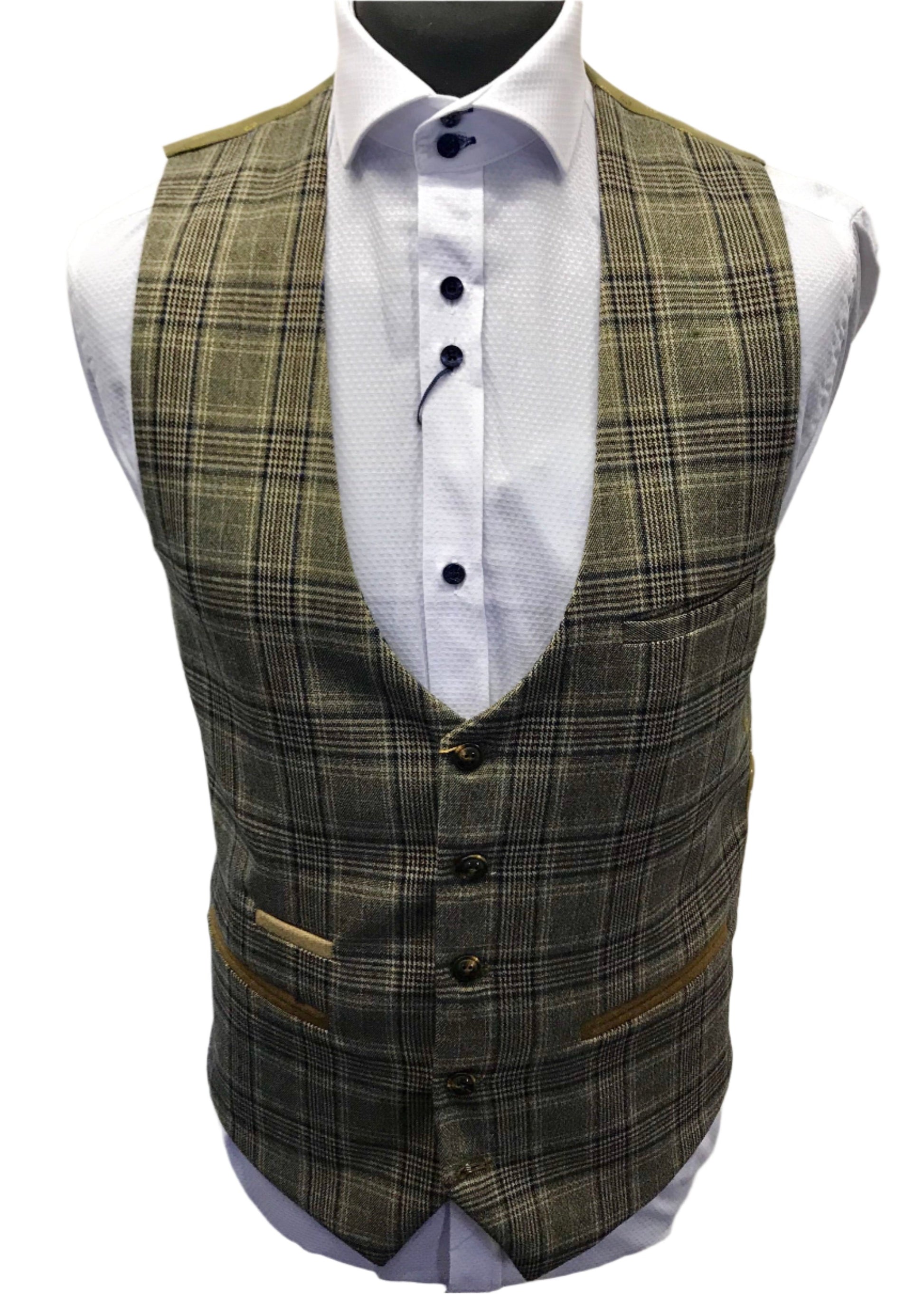 Marc Darcy Enzo Checked Waistcoat. A staple piece for any gentleman's wardrobe. The Enzo waistcoat embraces subtle earth tones with a traditional check pattern. Effortless style.