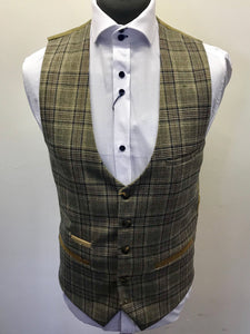 Marc Darcy Enzo Checked Waistcoat. A staple piece for any gentleman's wardrobe. The Enzo waistcoat embraces subtle earth tones with a traditional check pattern. Effortless style.