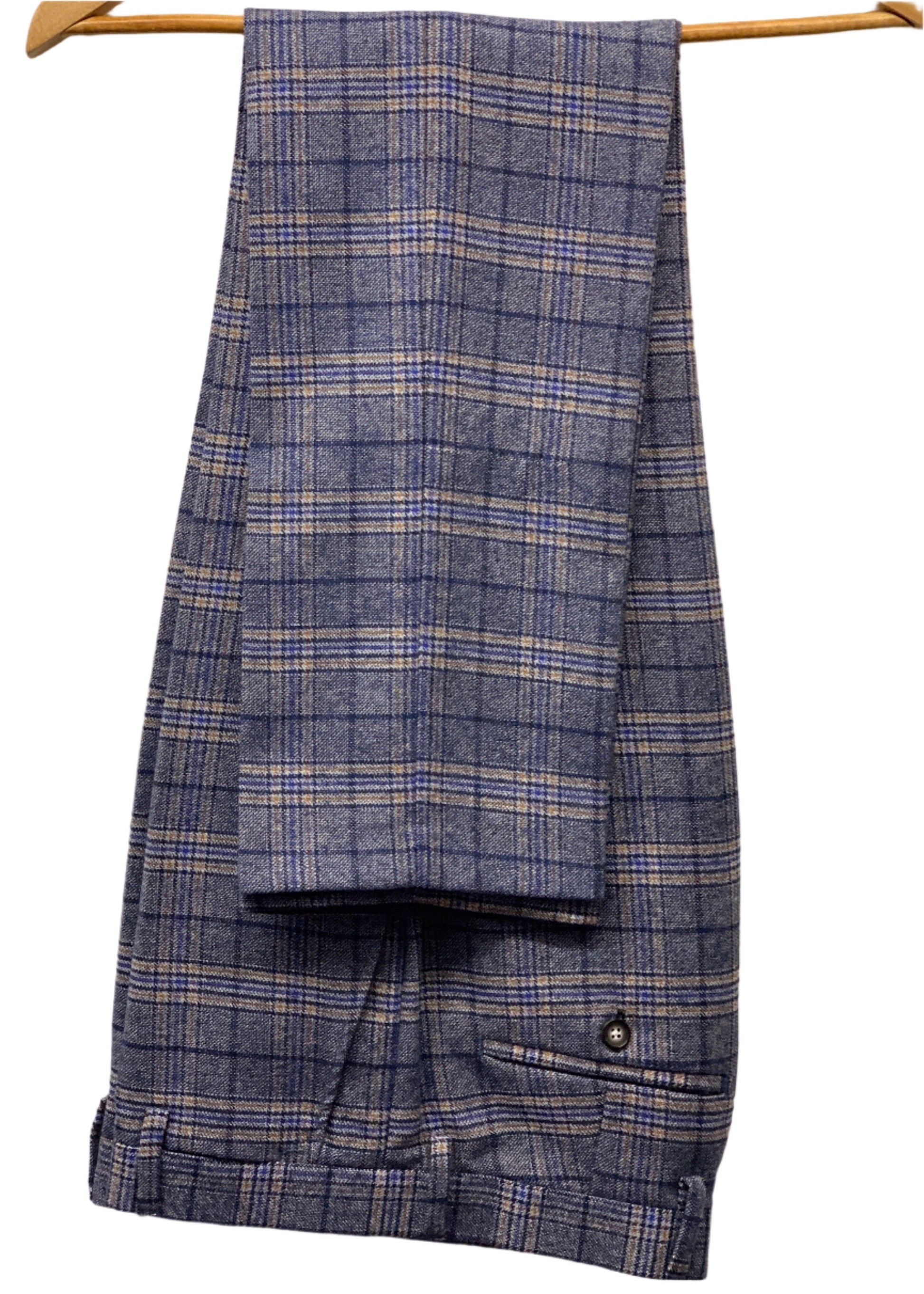 Robert Simon Marcello Blue Tweed Trousers hung up. Classic trousers for any business, formal occasion or wedding