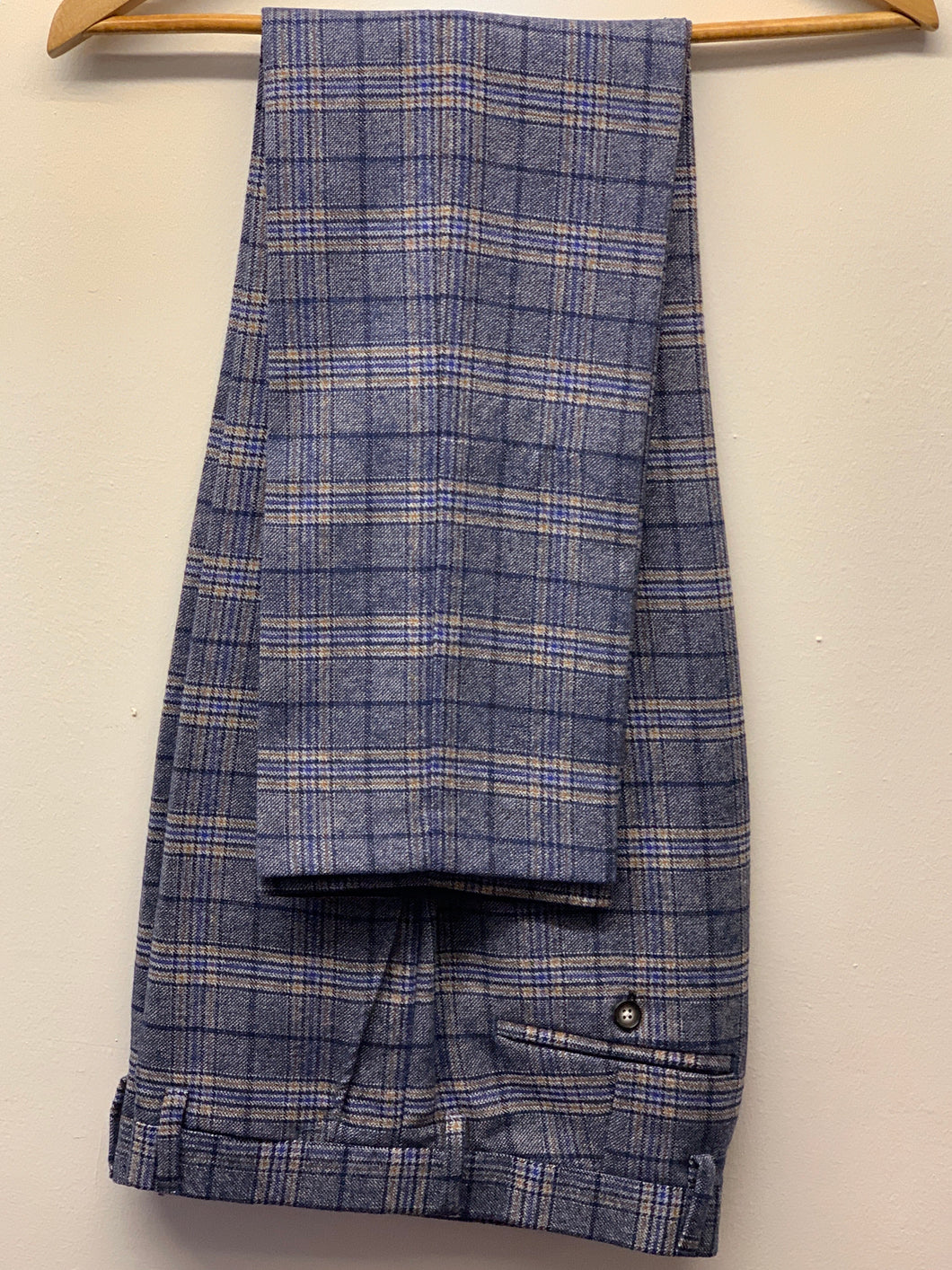 Robert Simon Marcello Blue Tweed Trousers hung up. Classic trousers for any business, formal occasion or wedding