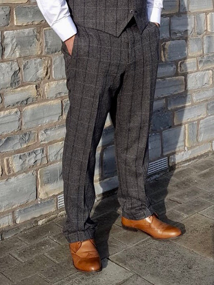 Cavani Albert Grey Tweed Trousers paired with a matching waistcoat and brown shoes