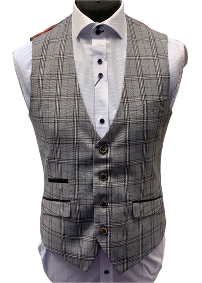 Robert Simon Grey Windowpane Check Waistcoat worn with a white textured shirt