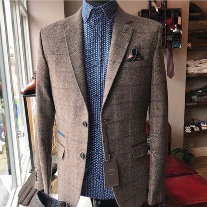 Tan Regular Fit suit Jacket with blue check styled with blue patterned shirt.