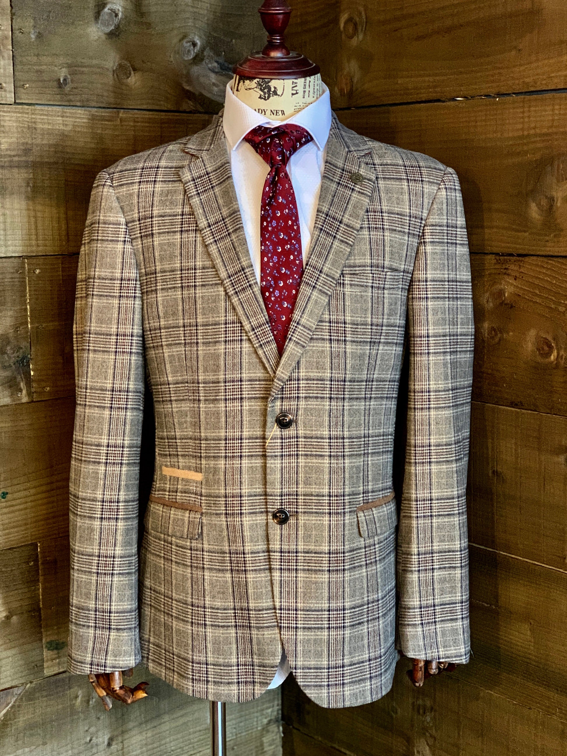 Marc Darcy Enzo Checked Jacket with white shirt and patterned red tie