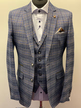 Load image into Gallery viewer, Robert Simon Marcello Blue Tweed Jacket with modern patterned pocket square and white textured shirt 
