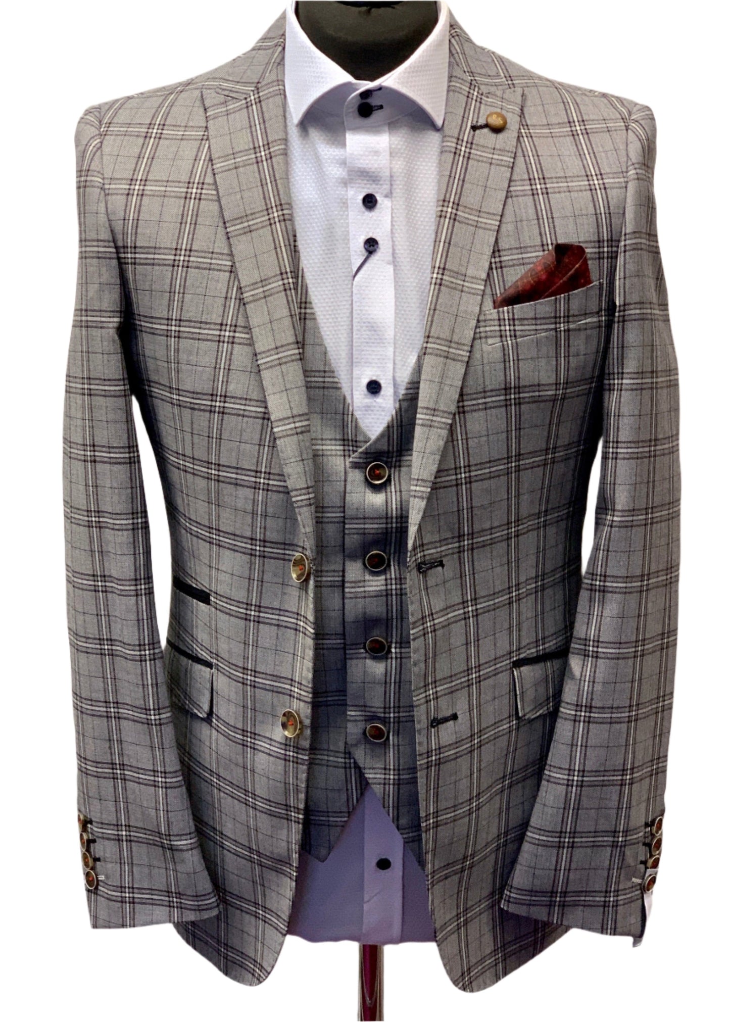 Robert Simon Grey Windowpane Check Jacket worn with a matching waistcoat and textured shirt and red/burgundy pocket square