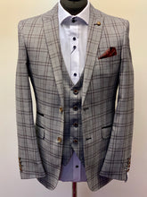 Load image into Gallery viewer, Robert Simon Grey Windowpane Check Jacket worn with a matching waistcoat and textured shirt and red/burgundy pocket square

