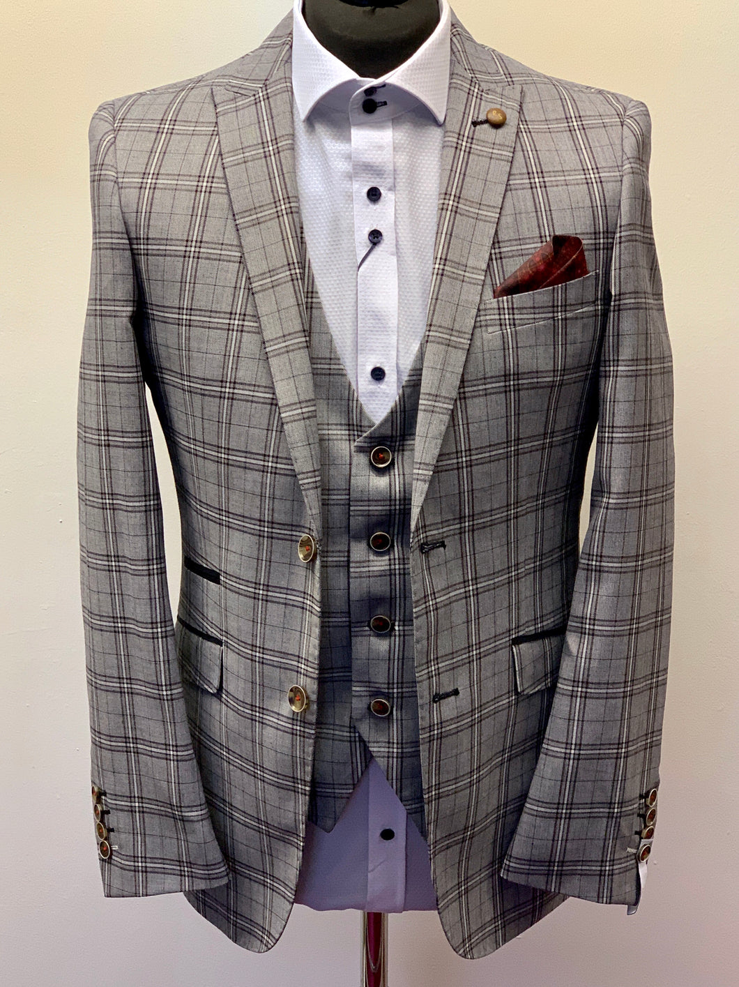 Robert Simon Grey Windowpane Check Jacket worn with a matching waistcoat and textured shirt and red/burgundy pocket square