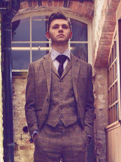 Cavani Albert Brown Tweed Jacket and matching waistcoat and trousers with a white shirt for a formal occasions inspired by Peaky Blinders