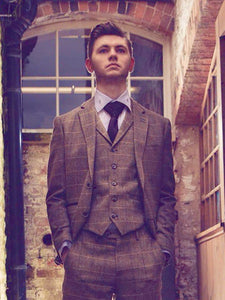 Cavani Albert Brown Tweed Jacket and matching waistcoat and trousers with a white shirt for a formal occasions inspired by Peaky Blinders