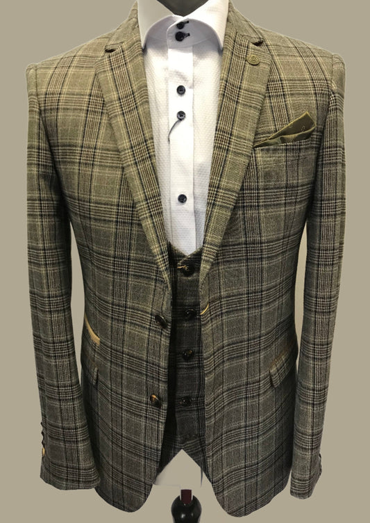 Marc Darcy Enzo Checked Jacket styled with a matching waistcoat and textuerd white shirt