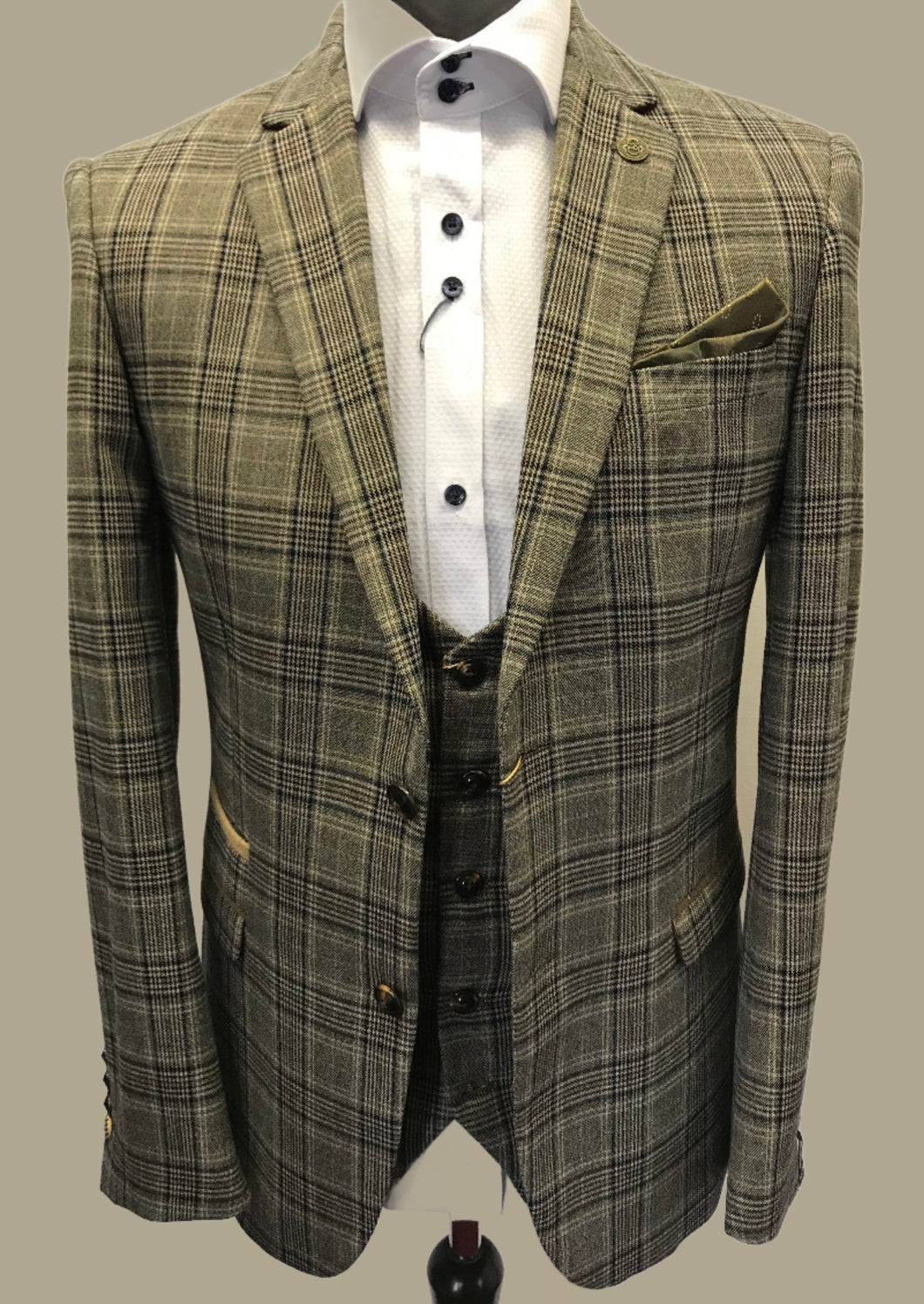 Marc Darcy Enzo Checked Jacket styled with a matching waistcoat and textuerd white shirt