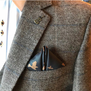 Tan Regular Fit suit Jacket with blue check with focus on the bird inspired pocket square