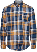 Load image into Gallery viewer, Lumberjack shirt butterscotch blue with orange butterscotch base tones with blue &amp; navy checked detail.
