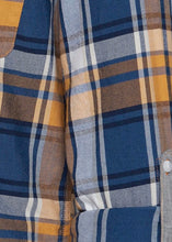 Load image into Gallery viewer, Lumberjack shirt butterscotch blue with orange butterscotch base tones with blue &amp; navy checked detail. Close up of pattern.
