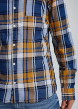 Load image into Gallery viewer, Lumberjack shirt butterscotch blue with orange butterscotch base tones with blue &amp; navy checked detail. Close up of shirt on model.
