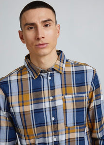 Lumberjack shirt butterscotch blue with orange butterscotch base tones with blue & navy checked detail. Front facing model.
