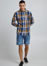 Load image into Gallery viewer, Lumberjack shirt butterscotch blue with orange butterscotch base tones with blue &amp; navy checked detail. Full body shot of model.
