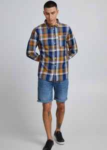 Lumberjack shirt butterscotch blue with orange butterscotch base tones with blue & navy checked detail. Full body shot of model.